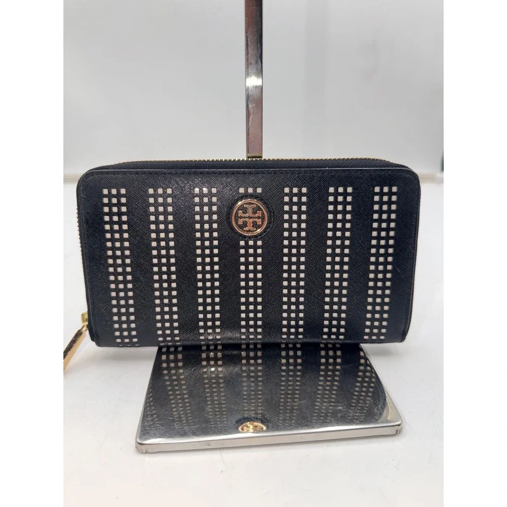 Tory Burch Black Saffiano Leather Perforated Zip Around Continental Wallet